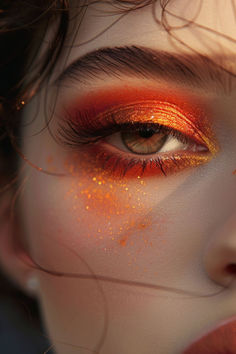 Sunset Oranges And Reds Eyeshadow Ideas For Brown Eyes Orange And Red Eyeshadow, Fire Fairy Makeup Ideas, Makeup Looks Orange Brown, Orange Rave Makeup Looks, Fire Inspired Eye Makeup, Orange Red Makeup Look, Fire Eye Makeup Look, Orange Makeup Brown Eyes, Red Orange Eyeshadow