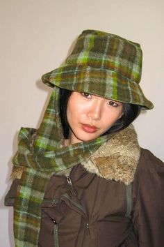 Clyde Scarved Bucket Hat - Moss Plaid Scarf Wraps, Plaid Hats, Crochet Wool, Crisp White Shirt, Felt Hat, Face Framing, Fall Floral, Cotton Fleece, Hat Making