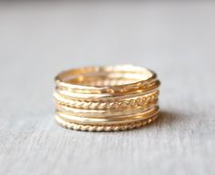 Gold Stacking Ring Set // Set of 6 Yellow Gold Stackable Rings - Etsy Gold Stackable Rings, Yellow Gold Stacking Rings, Multiple Rings, Sterling Silver Stacking Rings, Gold Rings Stackable, Hammered Band, Stacking Ring Set, Silver Stacking Rings, Rose Quartz Ring