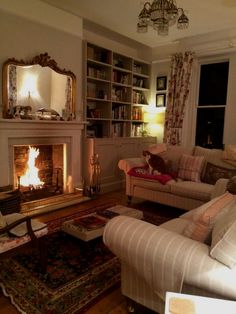 a living room filled with furniture and a fire place in the middle of a room