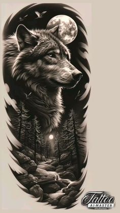 an image of a wolf in the woods with moon and stars on his back shoulder