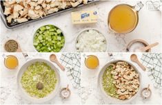 three pictures show the process of making chicken broth and how to make it in minutes