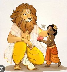 the lion and the little boy are playing with each other