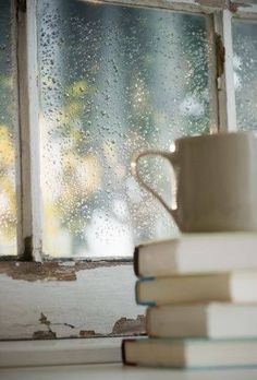 a stack of books sitting next to a window