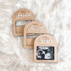 three wooden photo frames with the words baby birth on them