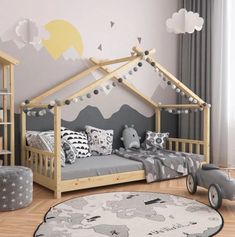 a child's bedroom with a bed and toy car