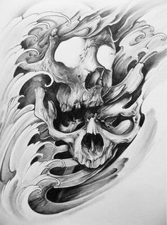 a drawing of a skull with waves on it's back and the head in the middle