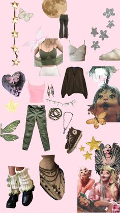 a collage of various items including shoes, clothing and other things on a pink background