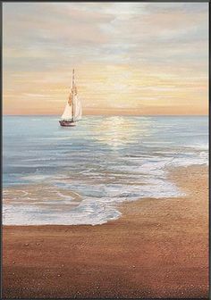 an oil painting of a sailboat on the ocean with waves coming in to shore