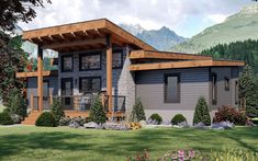 this is an artist's rendering of a modern house in the mountains with trees and flowers