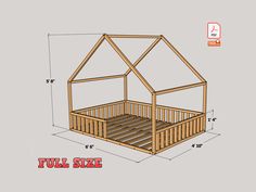 a wooden bed frame with measurements for the top and bottom sides, including the roof