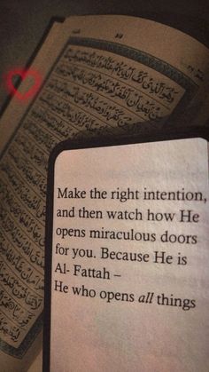 an open book with arabic writing on it and a red circle in the middle reading make the right intention, and then watch how he opens miscellaneous doors for you because he is