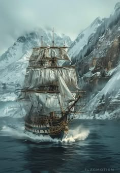 an old sailing ship in the ocean with snow covered mountains in the backgroud