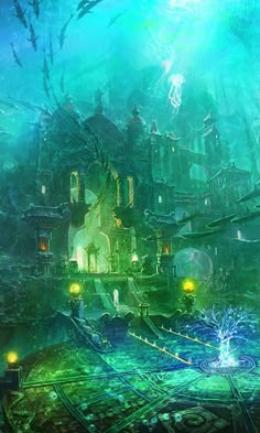 an underwater city with lots of lights and water