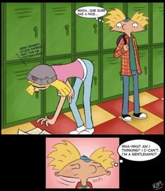 a comic strip with two cartoon characters talking to each other in front of lockers