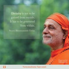 a man wearing an orange turban with a quote about divisity is not to be gained from outside