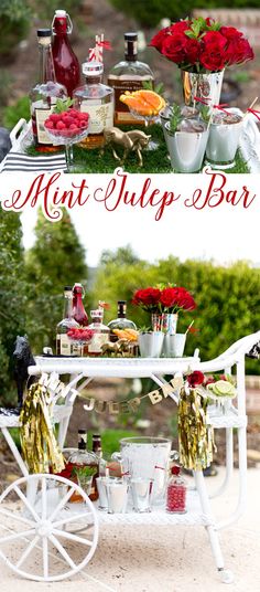 a white cart filled with lots of food and drinks sitting on top of a lush green field