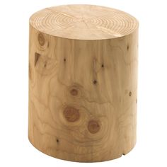 a wooden stool made out of wood with circles on the top and bottom, sitting in front of a white background