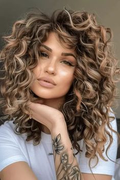 Below Shoulder Length Hair Curly, Big Curl Perm Medium, Mid Length Layered Curly Hair, Highlights In Curly Hair Natural Curls, Big Curls Medium Length Hair, Curled Layered Hair Mid Length, Loose Perm Medium Length, Curly Hair Color Ideas Balayage Curls, Split Dyed Curly Hair