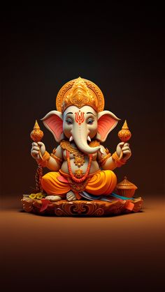 an elephant statue sitting on top of a wooden table next to a black background with the words happy ganeshi written below it