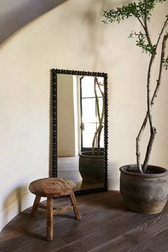 a mirror sitting on top of a wooden table next to a potted plant in a vase