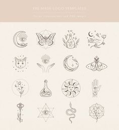 a bunch of different symbols that are drawn in pencil and ink on paper with the words pre - made logo templates