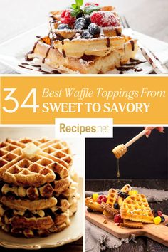 A Stack of Waffles with Toppings - 34 Best Topping from Sweet to Savory Waffle Bar Ideas, Cornmeal Waffles, Recipes With Fruit, Healthy Waffles, Savory Waffles, Crispy Waffle, Protein Waffles