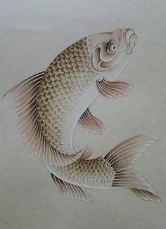 a drawing of a fish that is in the air with its mouth open and eyes closed