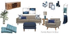 the living room is decorated in blue and white