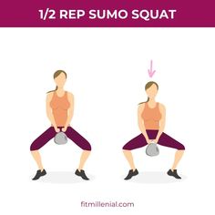 a woman doing squat exercises with the text, 12 rep sumo squat