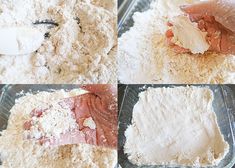 four pictures showing how to make bread dough with meat and flour in separate pans