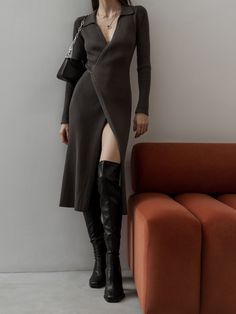 Split Strap Thread Knitted Dress Mid Length Autumn Winter Polo Collar Long Sleeve Sexy Tight Dress – Cloth Arlo Polo Collar Dress, Style Sweater Dress, Wind Skirt, Long Sleeve Collared Dress, French Women Style, Hepburn Style, Sweater Dresses, Autumn Dress, Sweater Dress Women