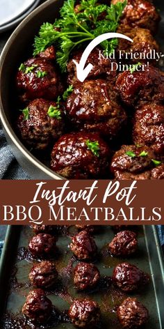 meatballs in a pan with parsley on top and the words instant pot bbq meatballs