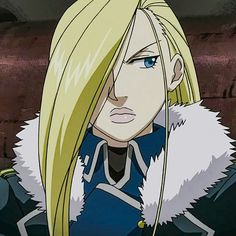 an anime character with blonde hair and blue eyes looking at the camera while wearing a fur collar