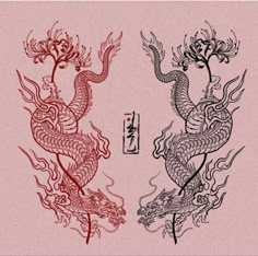 two red and black dragon tattoos on a pink background