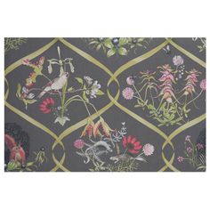 an image of a wallpaper with flowers and birds on it's design in grey