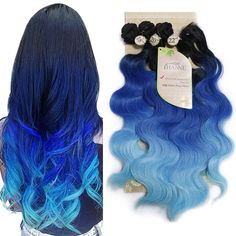 PRICES MAY VARY. Hair Material: Japanese High Temperature Heat Resistant Synthetic Hair Extensions Hair Style: Ombre Color Black to Blue Body Wave with Closure Hair Length: 18"20"22"+16" Closure Hair Weight: 100G/Bundle, 30G/Pcs Closure Hair Advantage: 4pcs in 1 Pack, Can Do a Full Head with Nice Color Material Grade: High Quality Synthetic Fiber Hair Extensions.
Weight: Total 350G,Enough for a Full Head.
Hair Extension Type: Long Curly Ombre Blue Color Body Wave with Closure
Raw Material: High Blue Curls, Hidden Rainbow Hair, Blue Purple Hair, Curly Ombre, Cool Hair Designs, Hair Colorful, Hair Style Vedio, Vivid Hair Color, Black Hair Extensions