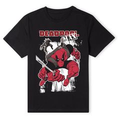 a black deadpool t - shirt with an image of the character holding a knife