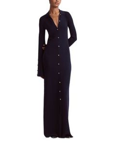 Altuzarra Leopold Wool Blend Button Front Maxi Dress Button Front Maxi Dress, Long Drapes, Dress Amazon, Olivia Von Halle, Drape Sleeves, Maxi Dress Navy, Modern Wardrobe, Runway Collection, Dress Form