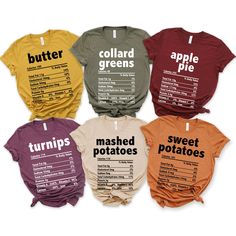 four different types of t - shirts with the words butter, collard greens, mashed potatoes and apple pie on them