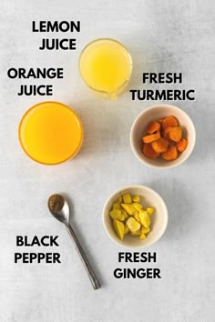 the ingredients for orange juice are shown in bowls