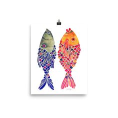 two fish with different colors and patterns on them