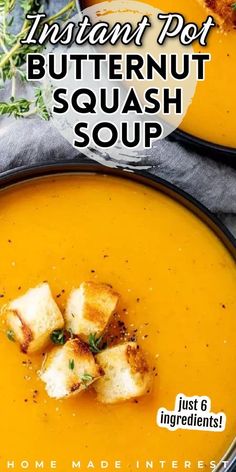 two bowls of butternut squash soup with croutons and herbs on the side