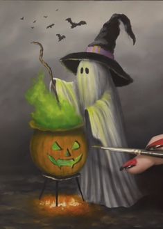 a painting of a ghost holding a pumpkin