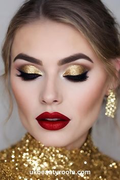 Gold Eyes And Red Lips, Christmas Picture Makeup Ideas, Gold Eyeshadow And Red Lips, Glitter Makeup Christmas, Classic Holiday Makeup, Christmas Day Makeup Look, Make Up Ideas For Party, Red Party Makeup, Gold Makeup Red Lips