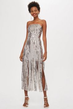 **Sequin Fringe Bandeau Dress - Dresses - Clothing - Topshop Metallic Sleeveless Sequin Disco Dress, Strapless Silver Sequin Party Dress, Metallic Strapless Dress With Sequins, Metallic Strapless Sequin Dress, Bandeau Outfit, H&m Silver Sequin Dress, Wedding Guest Outfit Fall, Formal Clothes, Best Wedding Guest Dresses