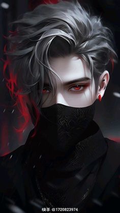 an anime character with grey hair and red eyes wearing a black mask, looking into the distance