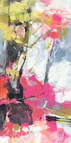 an abstract painting with pink, yellow and white colors