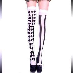 Diamond & Stripes Playing Card Over The Knee Socks Nwt Black And White / One-Size Black And White Knee High Socks, Clown Socks, Black And White Striped Socks, Hatter Costume, White Knee High Socks, Ouji Fashion, Mad Hatter Costume, Clown Clothes, Black And White Socks