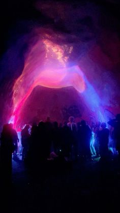 a group of people standing in front of a purple and red light tunnel at night